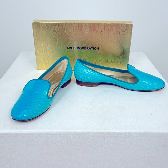Avec Modération Mazzarina Turquoise Leather Slip on Loafers. - Picture 1 of 9